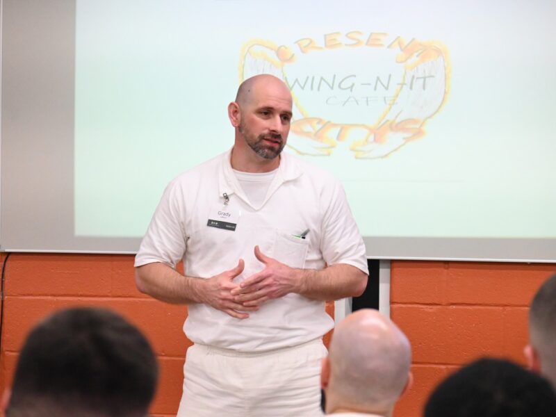 PEP participant Grady pitches his Crescent City Wings business plan during a Prison Entrepreneurship Program presentation session