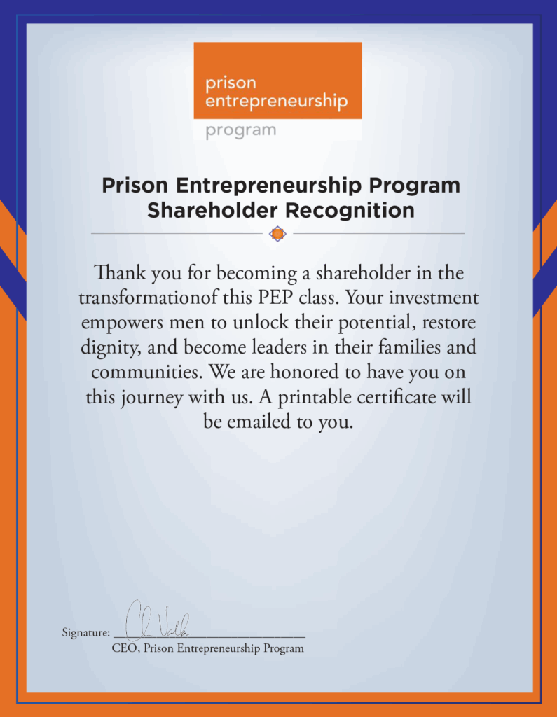 PEP shareholder recognition certificate graphic thanking supporters for investing in the program